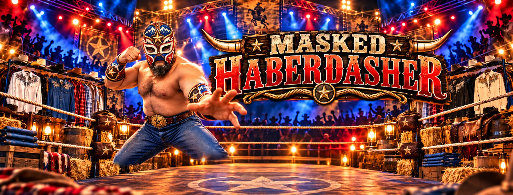 The Masked Haberdasher in a wrestling ring surrounded by racks of Western shirts and denim