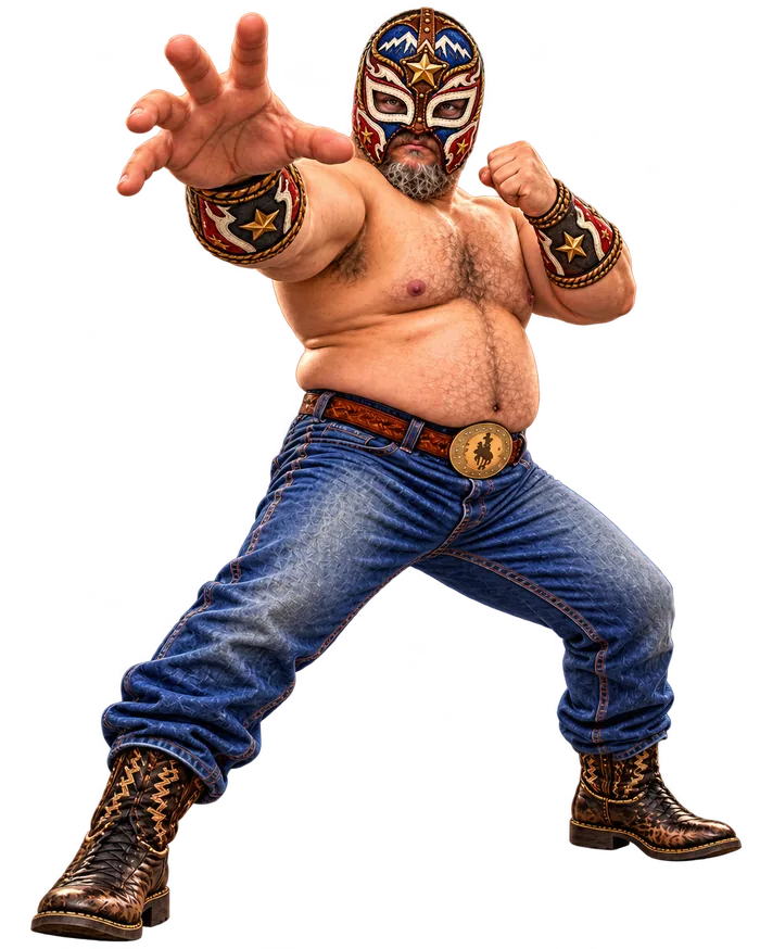 The Masked Haberdasher reaching toward the camera in a wrestling stance